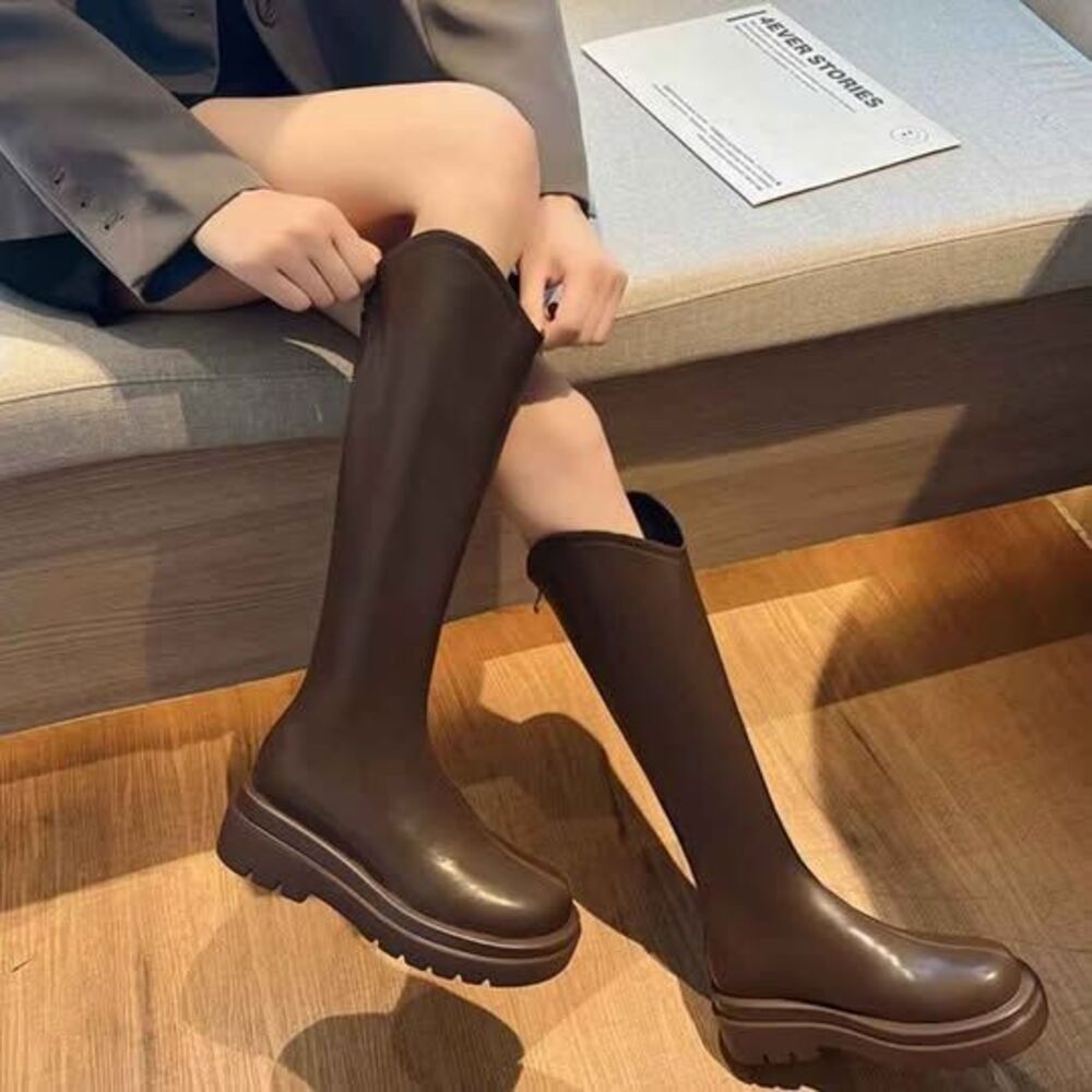 Knee High Motorcycle Boots Platform Shoes Sexy Ladies Round Toe Buckle Boots